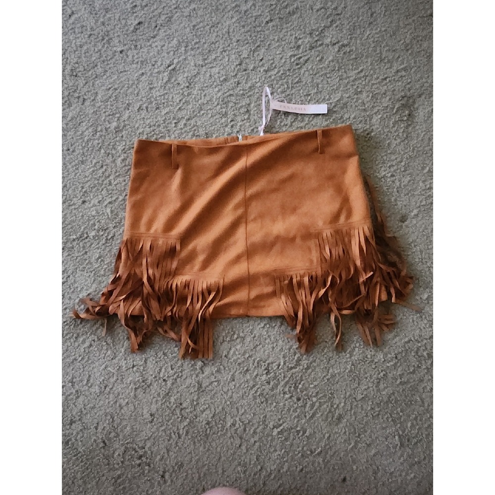 NWT‎ Ekklesia Women Brown Faux Leather Fringe Skirt M Full Zipper Back